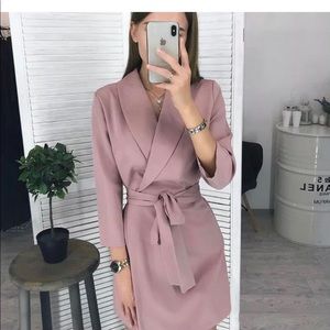 Women dress solid striped suit collar waist Belt